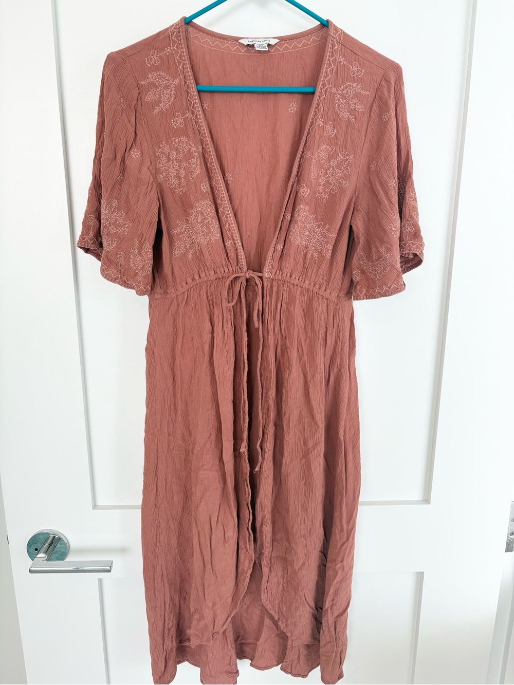 American Eagle Boho Embroidered Maxi Kimono Duster Open Front Peach XS/S